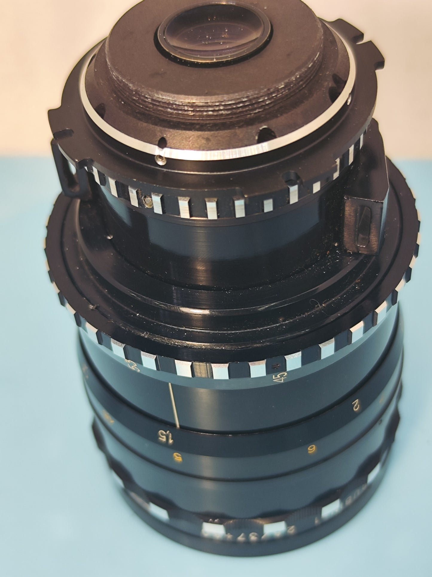 Custom adapter for use on Russian Rubin-1 zoom lens. M42 + Arri PL.