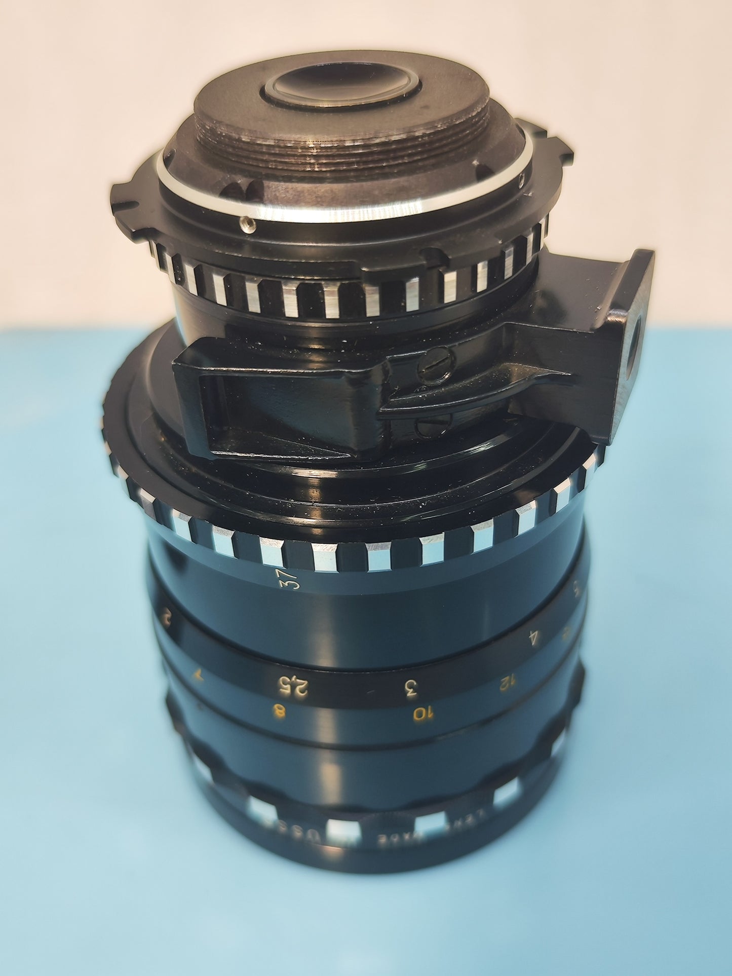 Custom adapter for use on Russian Rubin-1 zoom lens. M42 + Arri PL.
