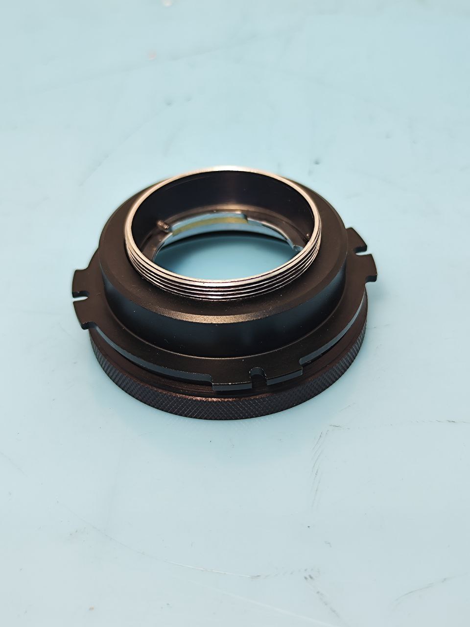 Custom adapter for use on Russian Rubin-1 zoom lens. M42 + Arri PL.